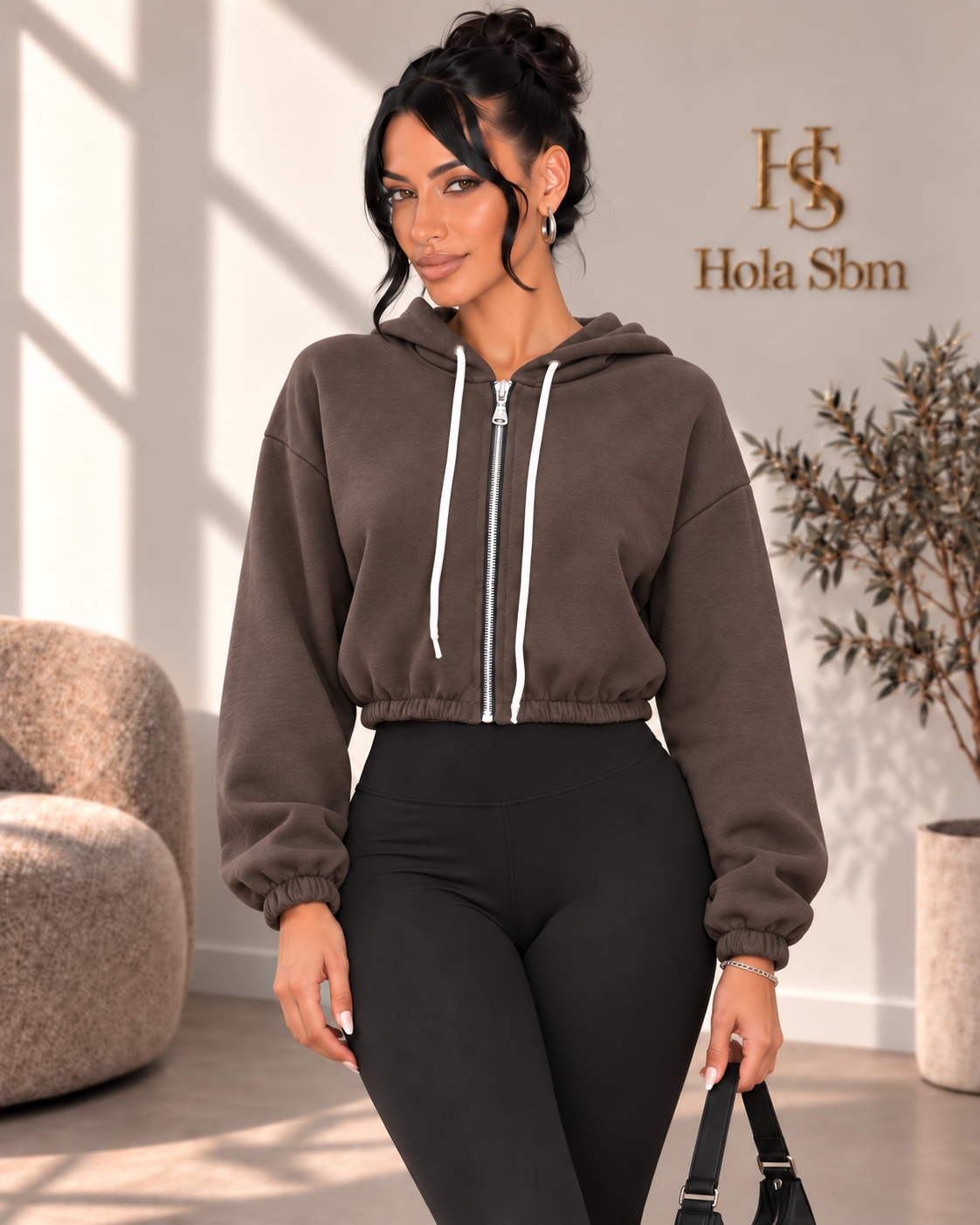 Felpa Alma marrone con zip e cappuccio